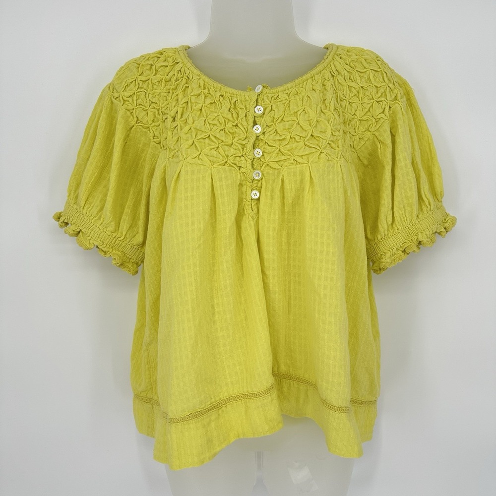 Sundance Top Women's M Yellow Sweet‎ Pea Puff Smocking Boho Cottage Femme Blouse